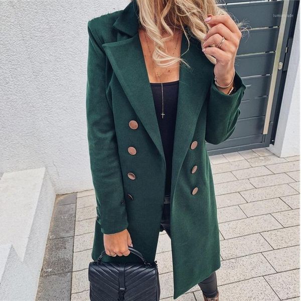 

women's wool & blends plus size long green coat women korean elegant double breasted vintage coats female winter warm black blazer jack