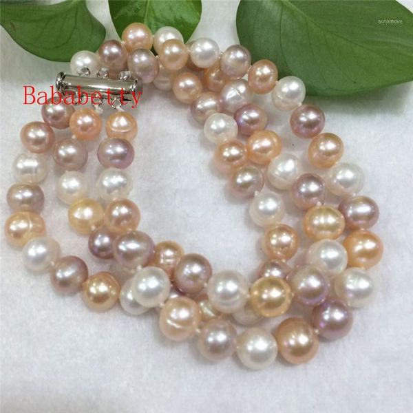

new fashion contracted breeding freshwater pearl suborbicular 8-9 mm a 3rows white, pink, purple color bracelet 8inches1, Black