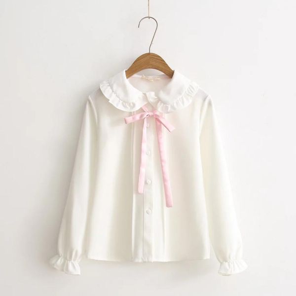 

2021 new women lolita blouses girls fall long peter pan pink bowknot collar white school shirt japanese tjj3