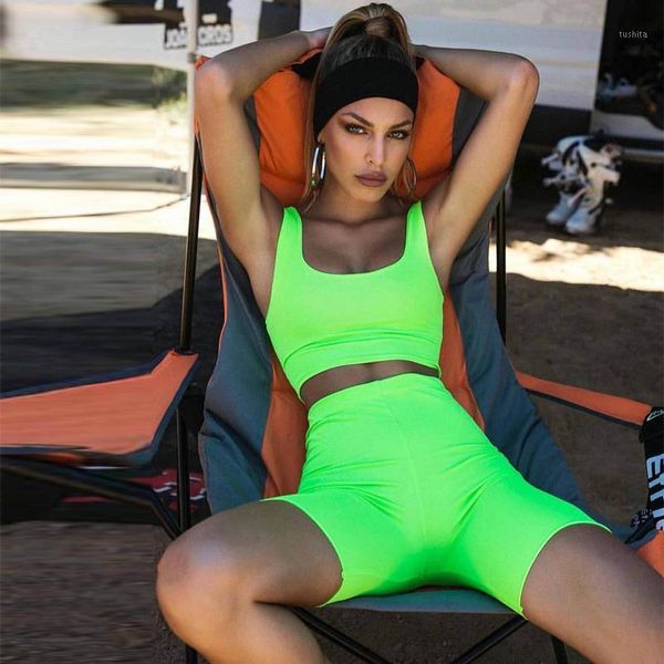 

women sets 2019 summer fashion green tank and shorts 2 sets women sleeveless vest high waist elastic waist trousers1, White
