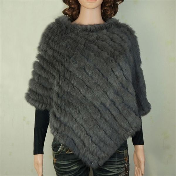 

ycfur warm winter ponchos for handmade knit real rabbit poncho women scarves shawls with fur collar y201007, Blue;gray