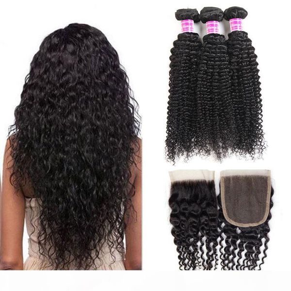 

fastyle 8a brazilian virgin hair soft kinky curly human hair 3 bundles with 4*4 closure unprocessed peruvian raw indian remy hair extensions, Black;brown