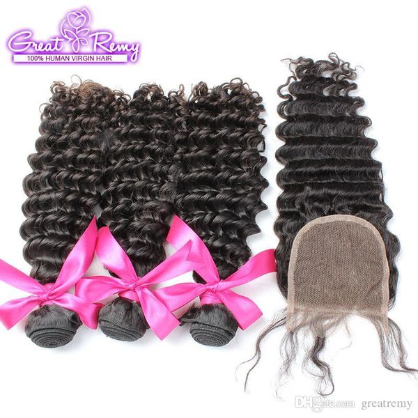 

greatremy peruvian virgin human hair extension deep wave lace closure with hair bundles 1pc+3pcs lace closure 4x4 natural color dyeable, Black