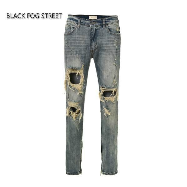 

black fog street classics version zippers skinny slim fit mens holes style cotton denim ripped jeans 6001, Blue