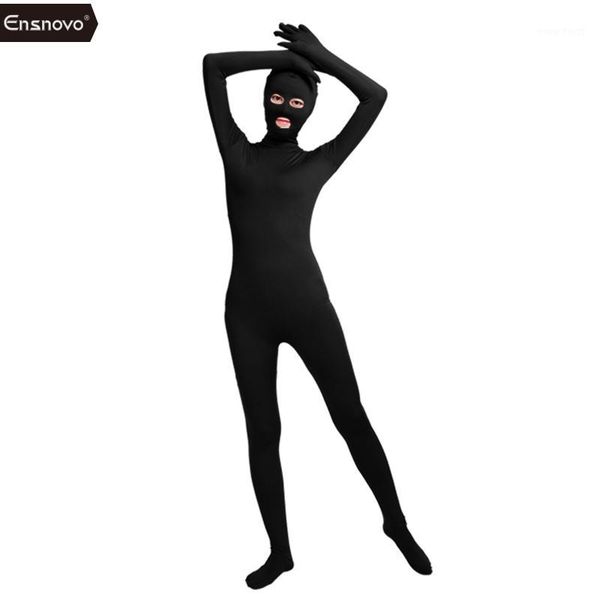 

ensnovo cosplay nylon spandex zentai bodysuit costumes lycra black suit eyes mouth open unitard cosplay party use1