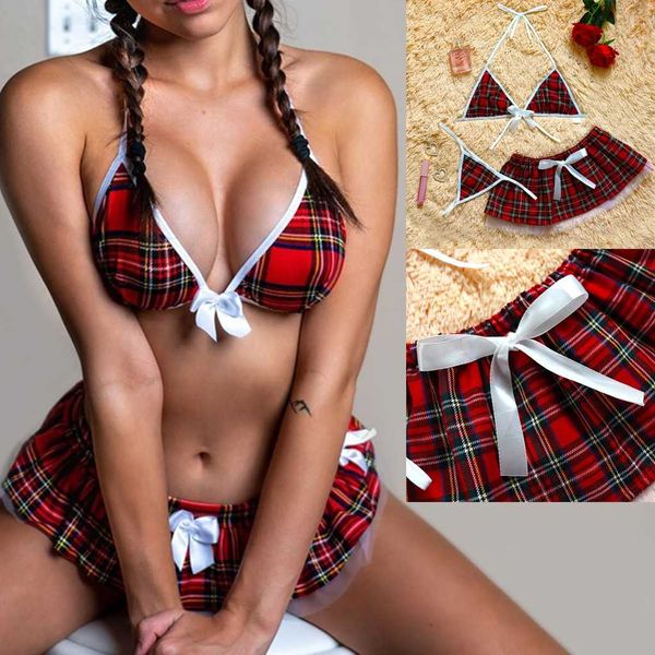 

3pc women bow pajamas lingerie uniform mini skirt + thong christmas fashion plaid style underwear set, Black;white