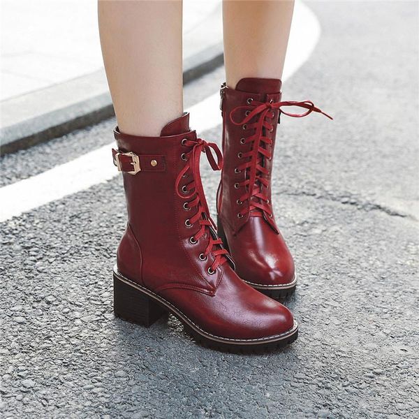

ymechic 2020 winter street gothic buckle lace up zipper ankle biker boots women black square block heels shoes motorcycle boots