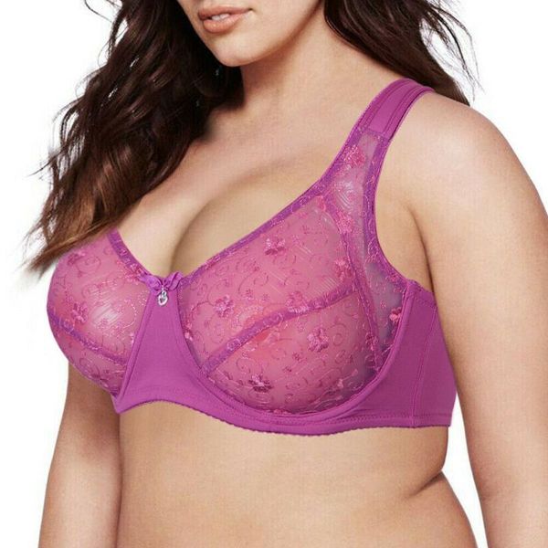 

purple bra plus size mesh lace lingerie underwire embroidery hollow floral underwear strength bras for women kg-1044, Red;black