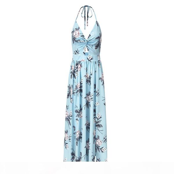 

floral printed halter backless dress split dresses back bowknot strappy dress maxi dresses summer women clothes, Black;gray