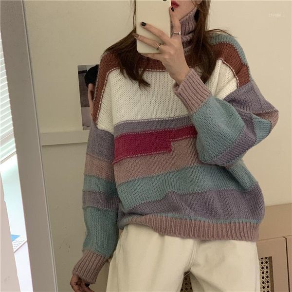 

new 2020 autumn winter women sweater turtleneck striped korean oversize vintage elegant lady pullovers dropshipping1, White;black