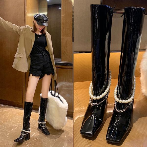 

boots 2021 pearl chain patent leather women's square toe but knee high heel thick knight boots1, Black