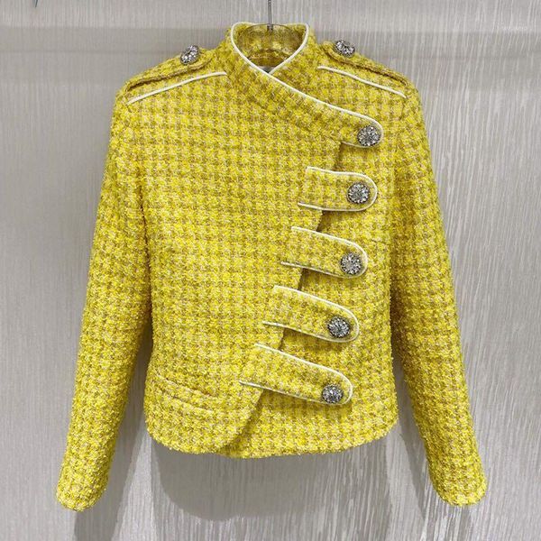 

new luxury autumn winter tweed yellow jacket women stnad collar diamonds plaid thick woolen outerwear1, Black;brown