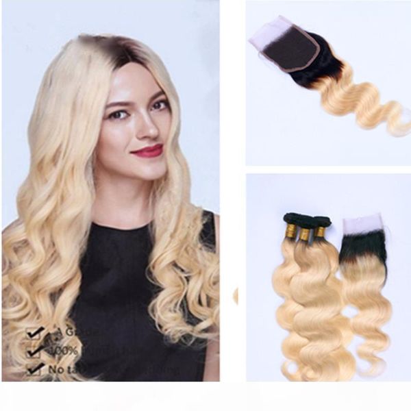 

blonde brazilian hair with closure body wave 1b 613 no tangle no shedding dark roots blonde hair with body wave lace closure, Black;brown