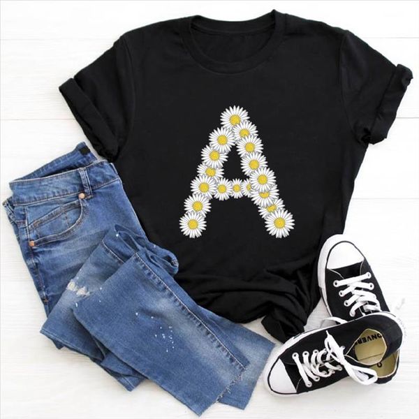 

26 english alphabet daisy flower t shirt women print harajuku shirt t summer casual short sleeve fashion tee 2020, White