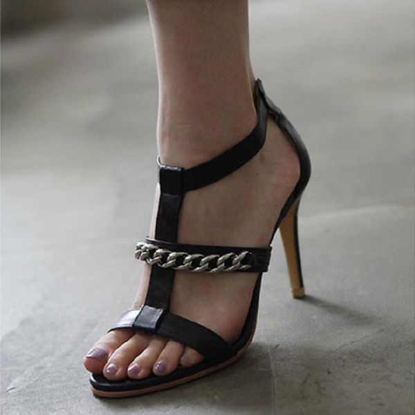 

2021 summer new style all-match leather fashion sandals large size chain black stiletto high heel sandals female trumpet