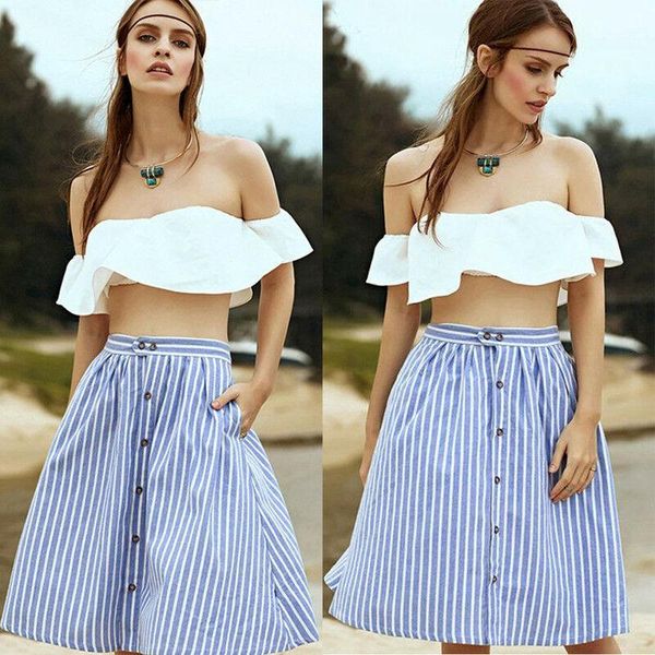

spring women's casual skirt fashion loose stripe single-breasted skirt high waist a-line summer skirts1, Black