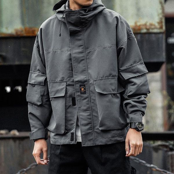 

spring autumn men's long sleeve hooded tooling jacket fashion casual large loose retro coat kg-74, Black;brown