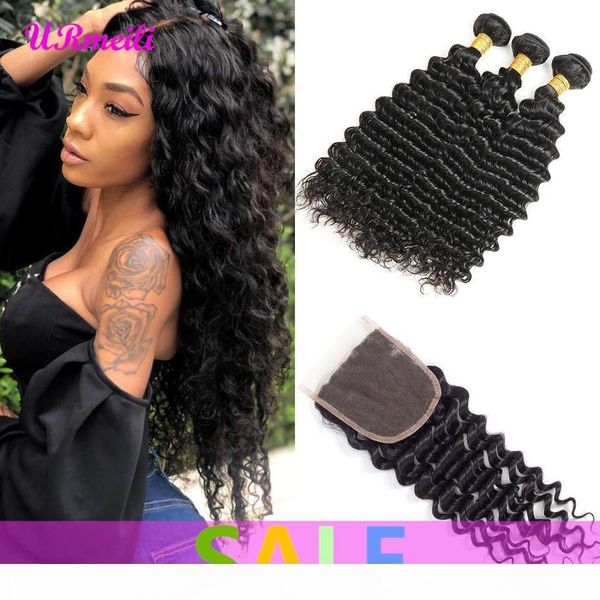 

brazilian deep wave 3 4 bundles with closure human hair weave bundles with closure brazilian virgin hair weave bundles unprocessed remy hair, Black;brown