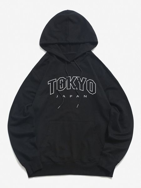 

romwe guys letter pocket drawstring hoodie x7xf#, Black