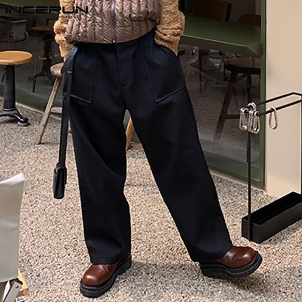 

2021 fashion men solid casual pants joggers button loose wide leg trousers men chic streetwear pockets pantalones hombre incerun, Black