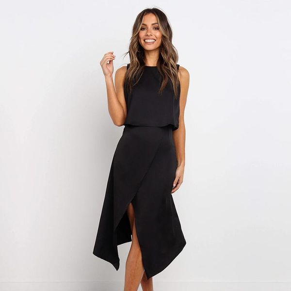 

2020 new summer casual skirts set women short o neck vest elastic waist solid split skirt 2 piece set1, Gray