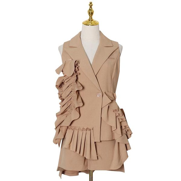 

ewq] 2021 fashion spring new elegant patchwork ruffle set women lapel sleeveless coat wide leg short casual khaki suit female, Gray