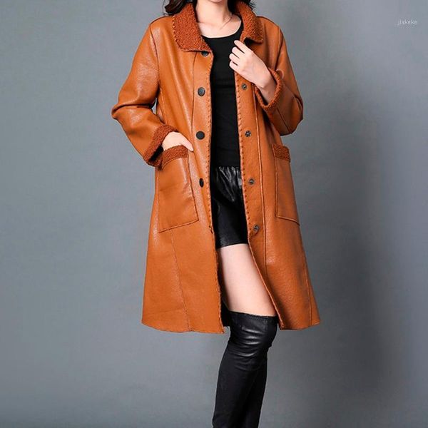 

women leather jacket for winter nice plus velvet warm slim big fur collar long leather coat female outerwear plus size 5xl#j311, Black