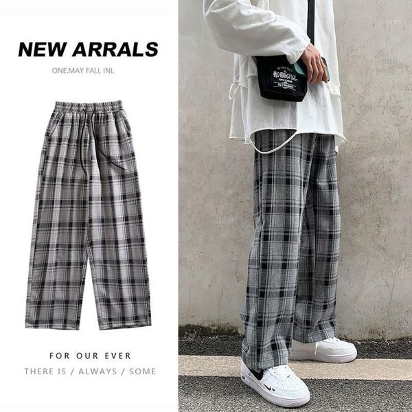 

neploha men's wide leg plaid casual pants men's loose streetwear vintage quality 2021 fashion harajuku straight pants1, Black