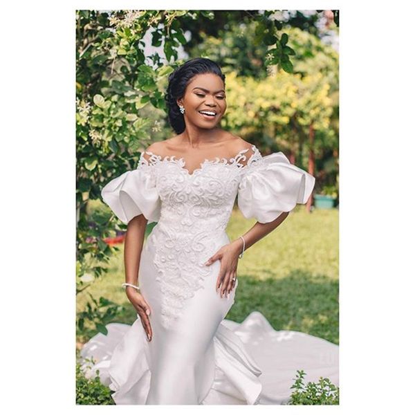 

real image mermaid wedding dresses 3d-floral applique lace ruffles satin bridal gown sweep train custom made robe de mariee, White