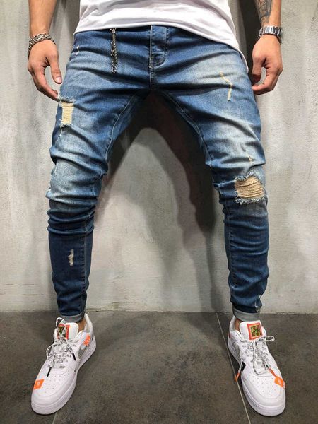 

2019 men's small foot hole jeans european and american new denim trousers, Blue