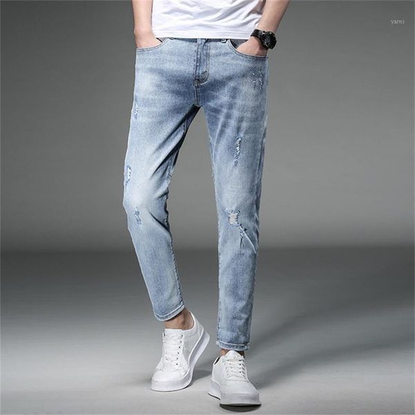 

summer 2020 new men's small feet ankle-length jeans stretch slim hole claw pattern casual pants1, Blue