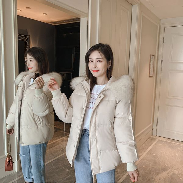 

2021 new with a big hood solid leather short korean women's winter cotton woman's coat h00295 f7mq, Black