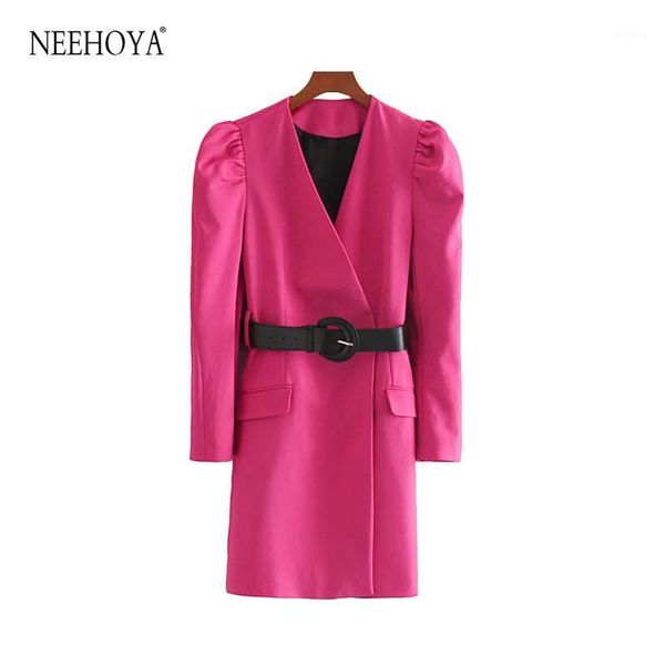 

vintage stylish office wear with belt suits style mini dress women 2020 fashion v neck puff sleeve female dresses vestidos mujer1, Black;gray