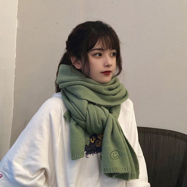 

korean version of pure color knitting wool smiling face scarf women in autumn winter thickening and warmth keeping for students, Blue;gray