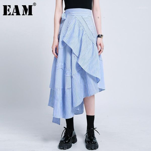 

eam] high waist blue striped ruffles stitch bandage irregular half-body skirt women fashion tide new spring summer 2020 1u8371, Black