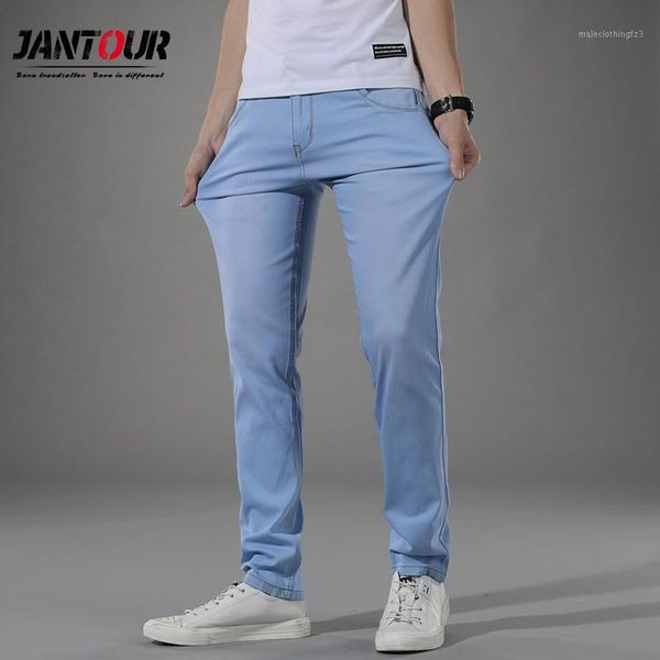 

men's jeans jantour men's classic black elastic slim fit denim jean trousers male plus size 38 40 business blue casual pants brand