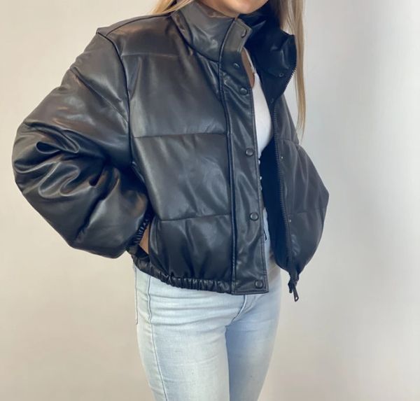 

black women's winter jacket warm short parka female fashion pu leather coats ladies elegant zipper cotton jackets women q1219