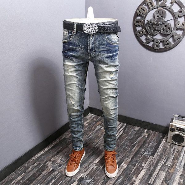 

men's jeans blue vintage ripped men slim fit pencil pants streetwear cotton denim trousers1
