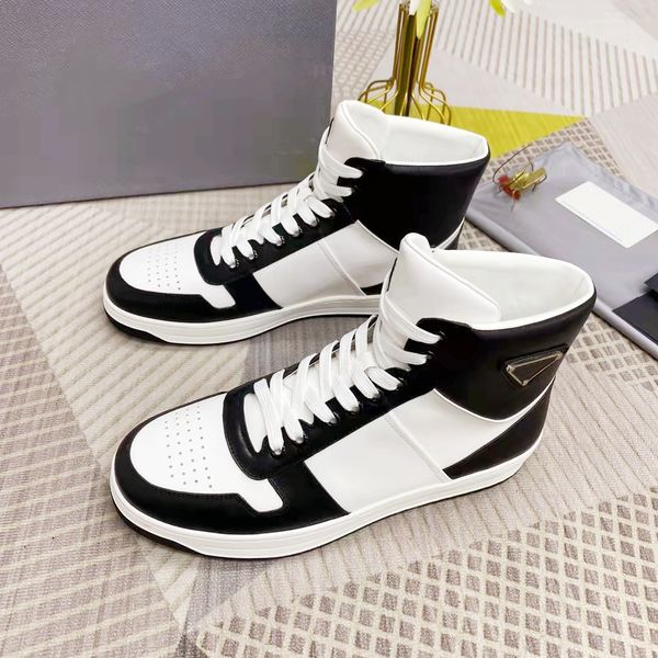 

brand designer men high sports casual shoes classic patchwork color leather lace-up flat soled platform sneakers outdoor leisure basketball, Black