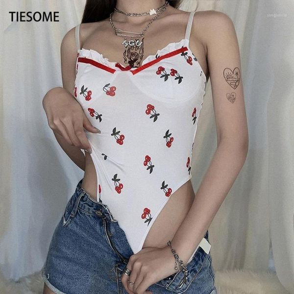 

tiesome 2020 summer backless hollow out women jumpsuit bow cherry print sling patchwork bodysuits cool girls club partywear1, Black;white