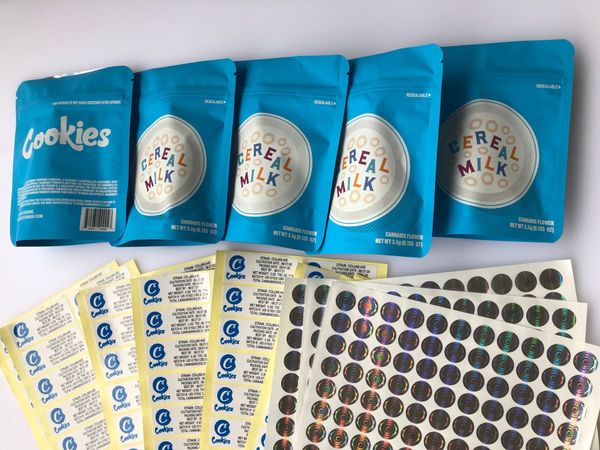 

bags packaging mylar flavors cookies 3.5g blue stickers label bags cerel edibles local milk california sf hologram and wmtyv jjxh