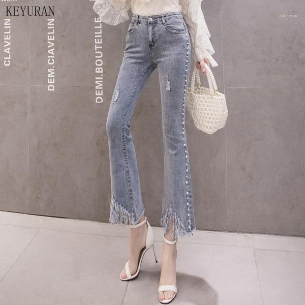 

pearl beading flare jeans woman fashion tassel pocket elastic slim denim pants 2020 new women female casual plus size trousers1, Blue