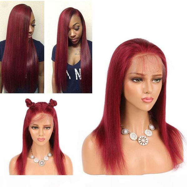 

#99j burgundy full lace wigs straight virgin malaysian remy hair glueless lace front human hair wig with baby hair, Black;brown