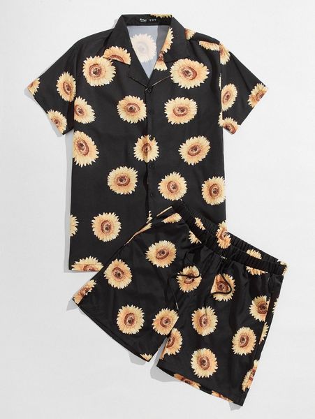

men sunflower print shirt & shorts u5p9#, Gray