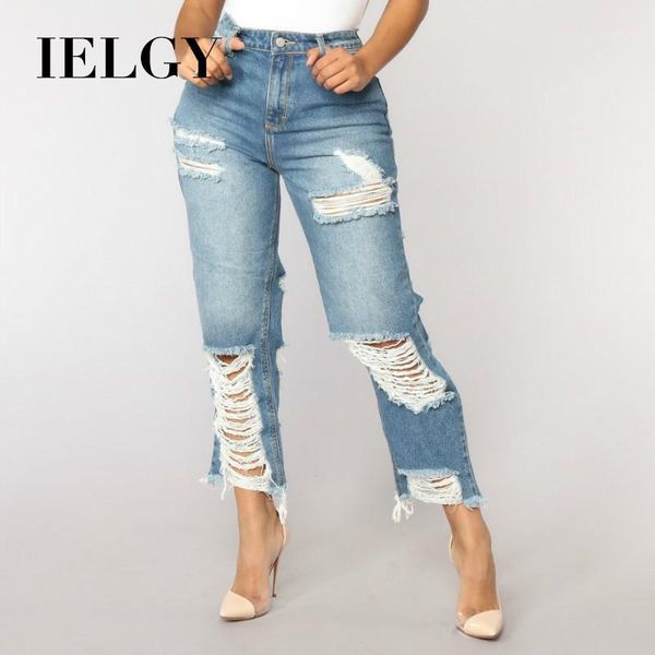 

ielgy big hole jeans women's fashion frosted fringed high waist hips versatile comfortable cropped pants1, Blue