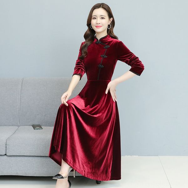 

2020 autumn new sleeve button cheongsam gold velvet dress slim temperament mid dress skirtbutton long skirtlong swing skirt ko2kn, Black;gray