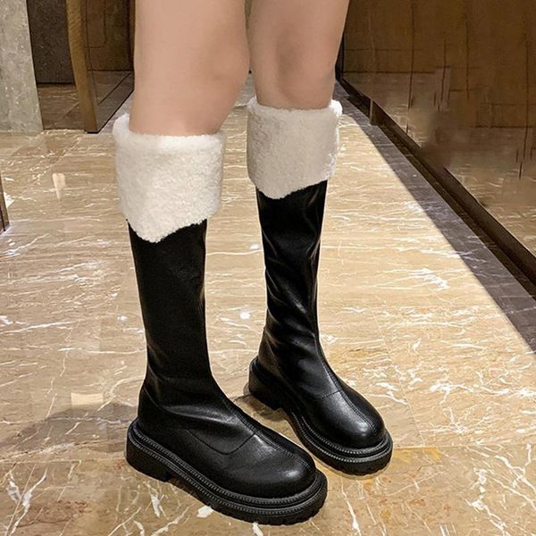 

lucyever black pu leather knee high boots for women with zips warm short plush platform long boots woman thick heel shoes ladies