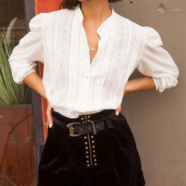 

new fashion lace patchwork women's blouse 100% cotton ladies long sleeve hollow out shirt single-breasted shirts vintage1, White