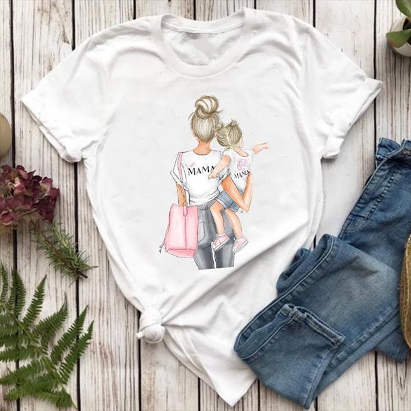 

women t shirts short sleeve mom mother daughter girl mama cartoon ladies print graphic t lady shirt female tee shirt, White
