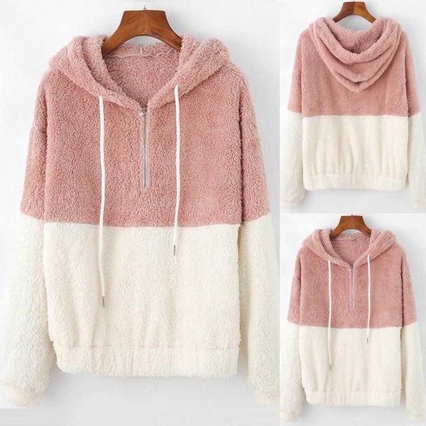 

winter style zipper half open placket color block plush drawstring hooded hoodiesweater women patchwork keep warm 1, Black